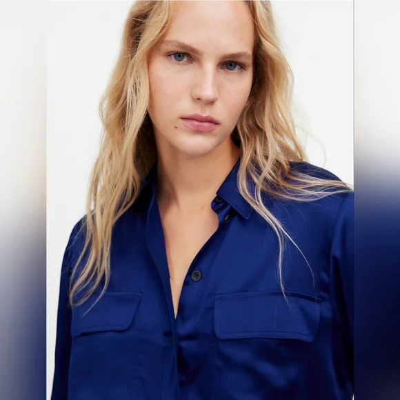 NWT Madewell Silk Flap-Pocket Button-Up Shirt $148 deep cobalt Blue medium - Picture 4 of 11